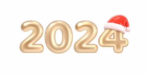 2024 New Year. Gold Number 2024 with Santa Claus Hat isolated on white background. Christmas Decorations. Calendar Header 2024 Happy New Year Holiday Poster. Realistic 3d Vector