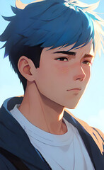 Fototapeta premium Anime male man with blue hair. Blue hair anime boy Manga style, anime style, japanese cartoon. Anime Avatar Young Man Online Identity Profile Virtual Gaming.