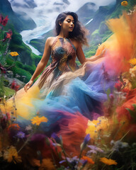 Schöne Frau mit tollen Kleid in bunten Farben