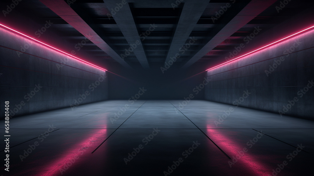 Wall mural 3d rendering of dark abstract sci-fi tunnel, futuristic spaceship corridor. background banner or hea