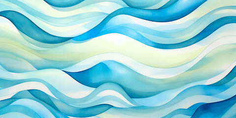 Water ocean waves, blue, aqua yellow watercolor art texture. Sunny golden water wave abstract banner background for tropical ocean beach vacation travel. Wavy backdrop for pool party copy space