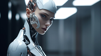 AI robot futuristic technology android or cyber humanoid. Artificial Intelligence cyborg robot in 3D - obrazy, fototapety, plakaty