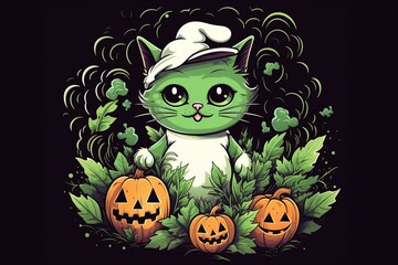 adorable Halloween ghost cat with cannabis and marijuana elements. Generative AI