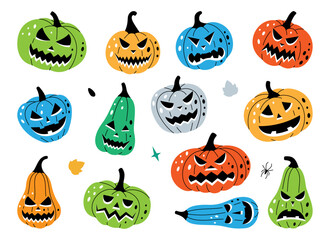 Autumn pumpkins faces. Pumpkins scary faces. Autumn halloween vegetables. Vector illustration.
