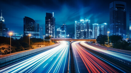 City road light, night megapolis highway lights of cityscape background. Panorama of megacity traffic with highway road motion lights trails, long exposure photography - obrazy, fototapety, plakaty