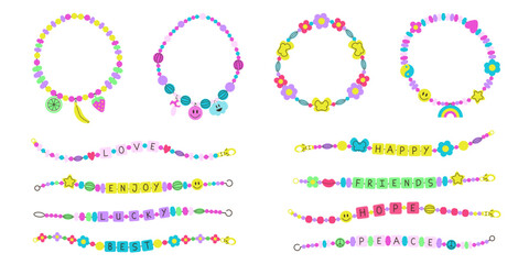 Set funky acid plastic beads bracelets with letters and other colorful elements in y2k style. Happy, friends, love, lucky. Flat cartoon vector illustration. DIY hand made concept. Kidcore jewelry