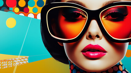 Fashion retro futuristic girl wearing sunglasses. Futuristic pop art retro fashion woman with geometric pattern background
