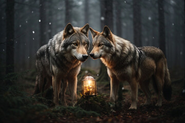 Selective focus view of two wolves huddling next to lantern at night in a forest, with snowflakes falling