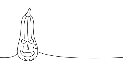 Autumn pumpkin with scary face, vegetable one line continuous drawing. Halloween pumpkin with scary face continuous one line illustration.