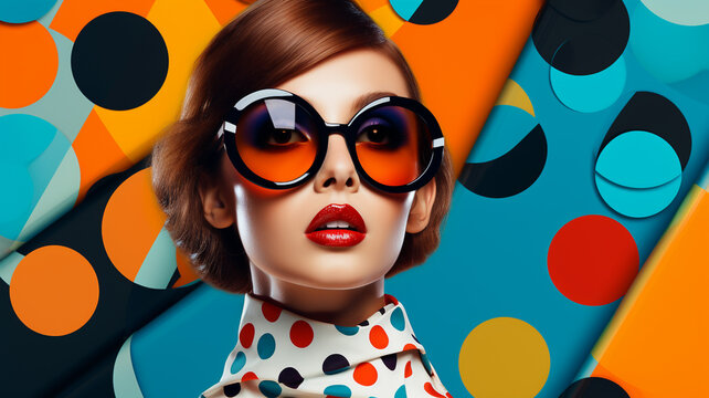 Fashion retro futuristic girl wearing sunglasses. Futuristic pop art retro fashion woman with geometric pattern background