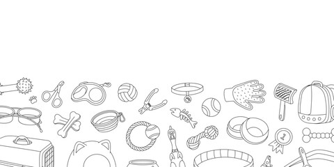 Pet supplies banner. Animals accessories horizontal background. Chew toy, medal, scissors, clippers, brush, fur remover, aquarium, backpack carrier