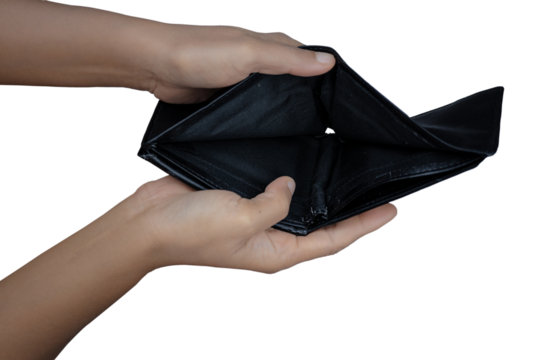 Hand holding empty wallet isolated on transparent background with PNG. poor concept.