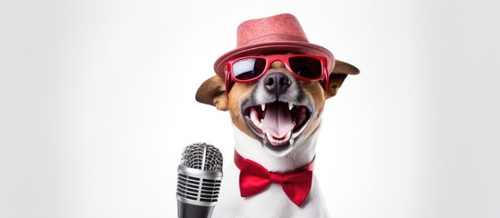 Surprised Jack Russell dog sings birthday song with karaoke style and wears party hat isolated on...
