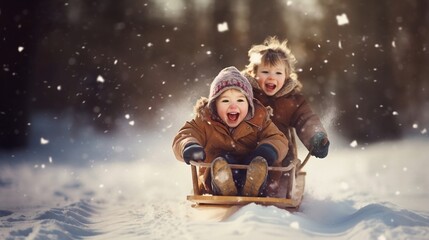 Two children having fun on a sled during a sunny winter day in the snow. Generated with ai. - obrazy, fototapety, plakaty