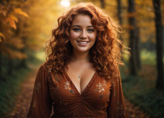 Portrait of beautiful woman orange walking in the forest