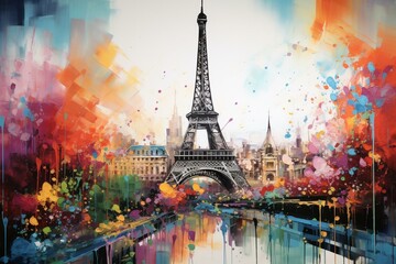 Colorful abstract painting depicting the Eiffel Tower in Paris cityscape. Generative AI - obrazy, fototapety, plakaty