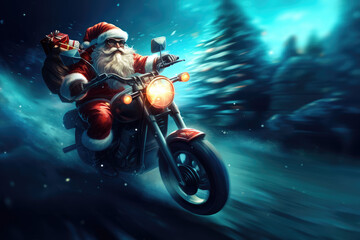 Santa Claus with a bag of presents speeding on a motorbike through the snow on a Christmas night