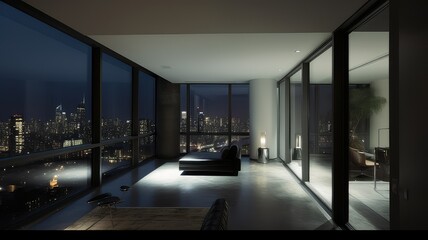 The interior of a modern apartment in a skyscraper with a view of the city at night light from the window