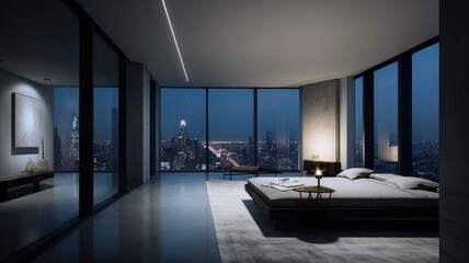 The interior of a modern apartment in a skyscraper with a bed
