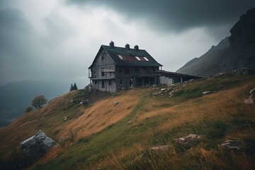 A gloomy weather mountain house on a mountain. Generative AI
