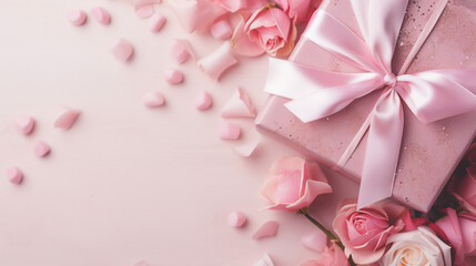 Elegant gift box adorned with a satin bow, surrounded by delicate roses and rose petals on a soft pink background
