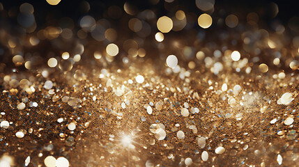 Glistening gold surface illuminated with soft, bokeh lights creating a festive and luxurious ambiance - obrazy, fototapety, plakaty
