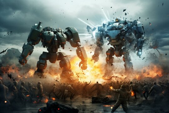 futuristic battle between robots in a futuristic war. Generative AI