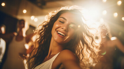 Joyful woman with curly hair dancing under soft lights, capturing the essence of nightlife and happiness