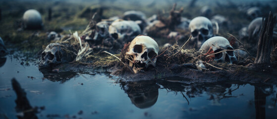 Skeletal remains of fallen warriors of war, human skulls and bones embedded in dirty wet swamp mud, death and decay, mass grave horror.