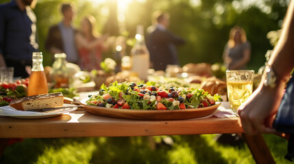 Sunlit outdoor gathering of friends enjoying a summer meal with fresh salads, beverages, and bread on a rustic wooden table