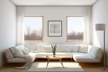 Fototapeta premium Minimalist interior mockup, presenting a blank canvas in a tastefully designed living space, enabling a display of diverse decor ideas, polished