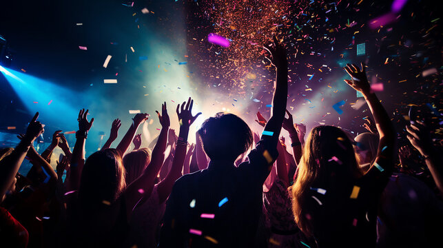 Energetic crowd dancing under vibrant lights with confetti falling, representation of music festival or party