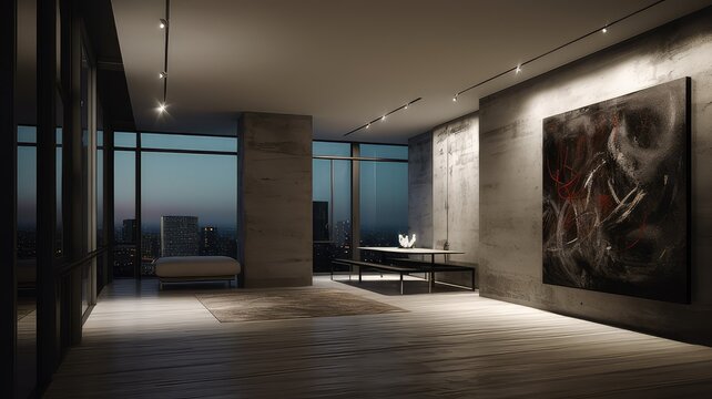 The interior of a modern apartment in a skyscraper, abstract painting en view from windows