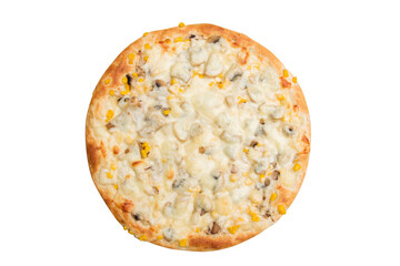Pizza with meat, corn and mushrooms and cheese. Homemade pizza on a white background.