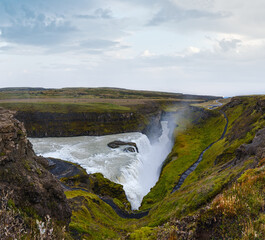 Picturesque full of water big waterfall Gullfoss autumn view, southwest Iceland.