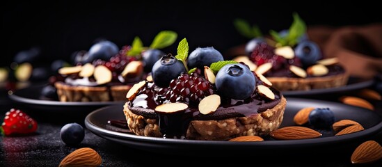 Raw vegan dessert made of dates and cashew chocolate cream topped with almonds pecans and blueberries With copyspace for text