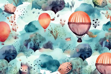 Seamless watercolor textile pattern with cartoon background. Abstract and dreamy design for kids' fabric. Generative AI