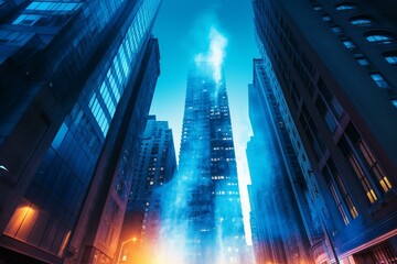 Fototapeta na wymiar Stunning cityscape photo featuring vibrant cyan flame amid urban architecture. Generative AI