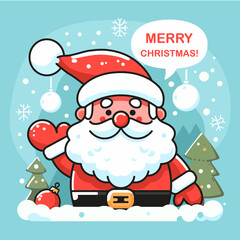 Merry Christmas, greeting card with fun cute Santa Claus, snowflakes, pine tree, vector, illustration.