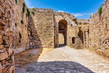 The main arched entrance gate of Methoni Castle. The castle is a medieval fortification in the port town of Methoni, Messinia Peloponnese.