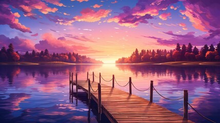 A tranquil lakeside scene with a wooden pier extending into the water, a rowboat tied to it, and a...