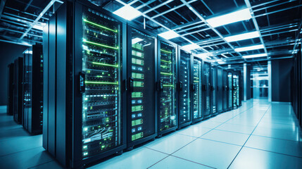 Fototapeta premium Shot of Corridor in Working Data Center Full of Rack Servers and Supercomputers with High Internet Visualisation Projection