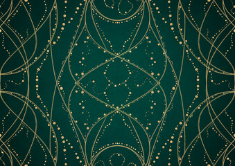 Hand-drawn unique abstract gold ornament on a dark green cold background, with vignette of darker background color. Paper texture. Digital artwork, A4. (pattern: p10-2a)