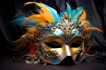 Gardinen Exquisite carnival mask adorned with vibrant feathers against a shimmering golden backdrop. A glamorous design evoking the essence of the Venice carnival. Generative AI © Altair