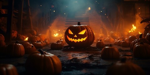halloween night sceen scary haunted house pumkins jack-o-lanterns background cinematic - obrazy, fototapety, plakaty