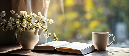 Morning window black coffee book flower With copyspace for text