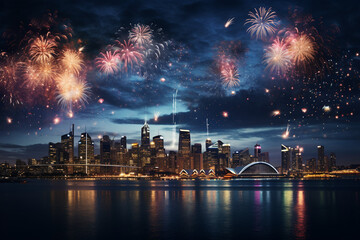 Sparkling Night, New Year's Eve Fireworks Illuminate the City Skyline