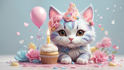 cute cat with birthday cake and colorful background - Powered by Adobe