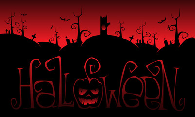 Halloween cartoon vector decorations with pumpkin, trees on graveyard. Vector illustration of Halloween. Halloween banner with copy space.