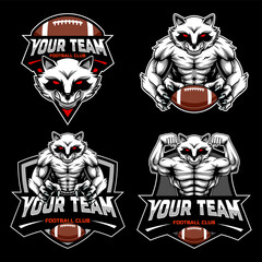 Football America Shield Emblem Badge Club logo with a mascot of a raccoon head and half a body. set of logo variations